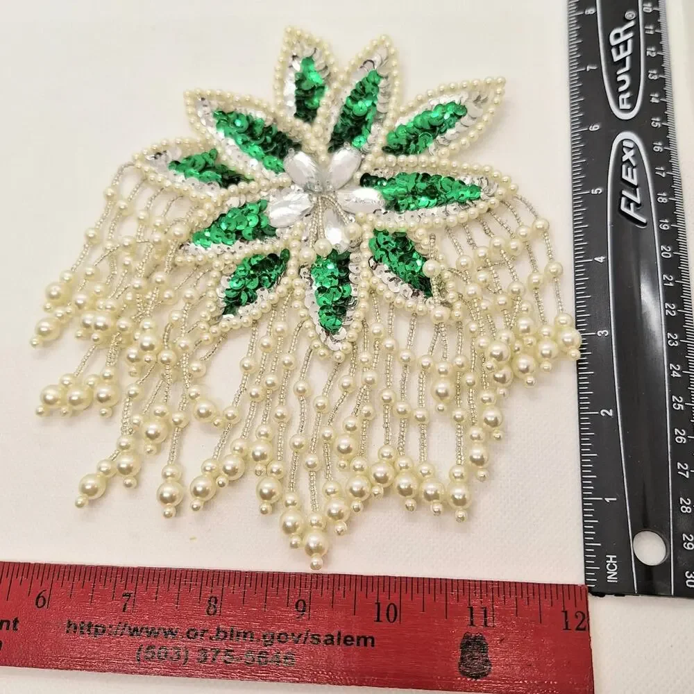 Sequin/Bead Epaulet Applique Green/White Bead Fringe